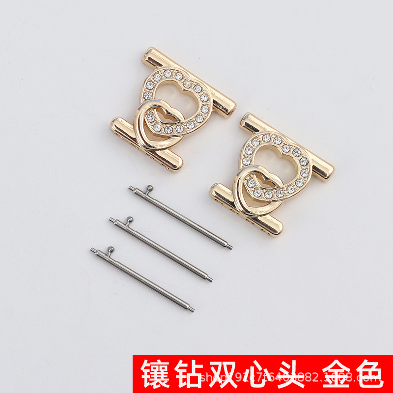 Khóa đôi trái tim đính cườm mạ vàng, đính kim cương mới. / Giao diện 18mm (kèm kim tháo nhanh)