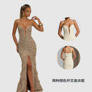 欧美速卖通礼服女2025年纯色开叉性感吊带V领INS潮流时尚连衣裙女