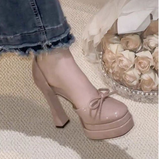 Elegant Waterproof Platform Shoes for Petite Individuals, Height-Increasing Patent Leather Single Shoes, Sweet Nude Pink Chunky Heel Hollow High Heels, 2026 New Model Elegant Waterproof Platform Shoes for Petite Individuals, Height-Increasing Patent Leather Single Shoes, Sweet Nude Pink Chunky Heel Hollow High Heels, 2026 New Model