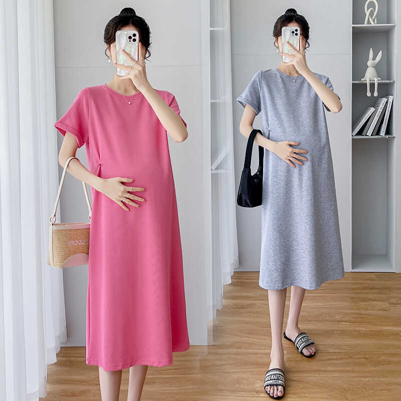 2024 Pregnant Women Summer New Mid-length Fashion Loose Slimming Round Neck Short Sleeve dress Elegant Summer Skirt
