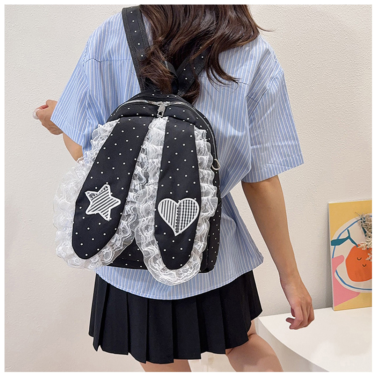 Indigo Smoke Mesh Bunny Ear Student Backpack Japanese Style Cute Girls School Bag High-Value Casual Versatile Travel Shoulder Backpack