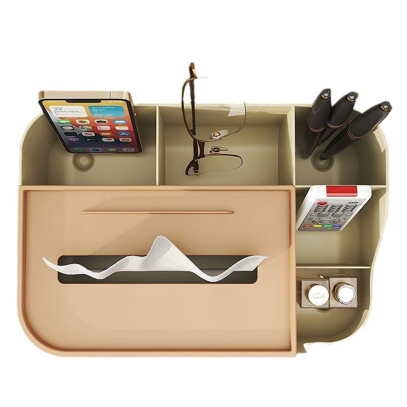 Tabletop Tissue & Remote Organizer Box, Light Luxury Style, Multi-Compartment (Light Green/Apricot)