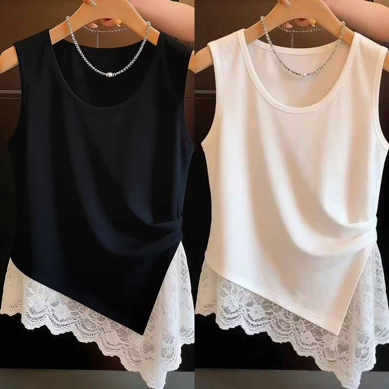 Plus-Size Designer Lace-Trimmed Patchwork Vest for Women, New Spring/Summer Style, Loose Fit, Slimming, Sleeveless Outerwear for Curvy Women Plus-Size Designer Lace-Trimmed Patchwork Vest for Women, New Spring/Summer Style, Loose Fit, Slimming, Sleeveless Outerwear for Curvy Women