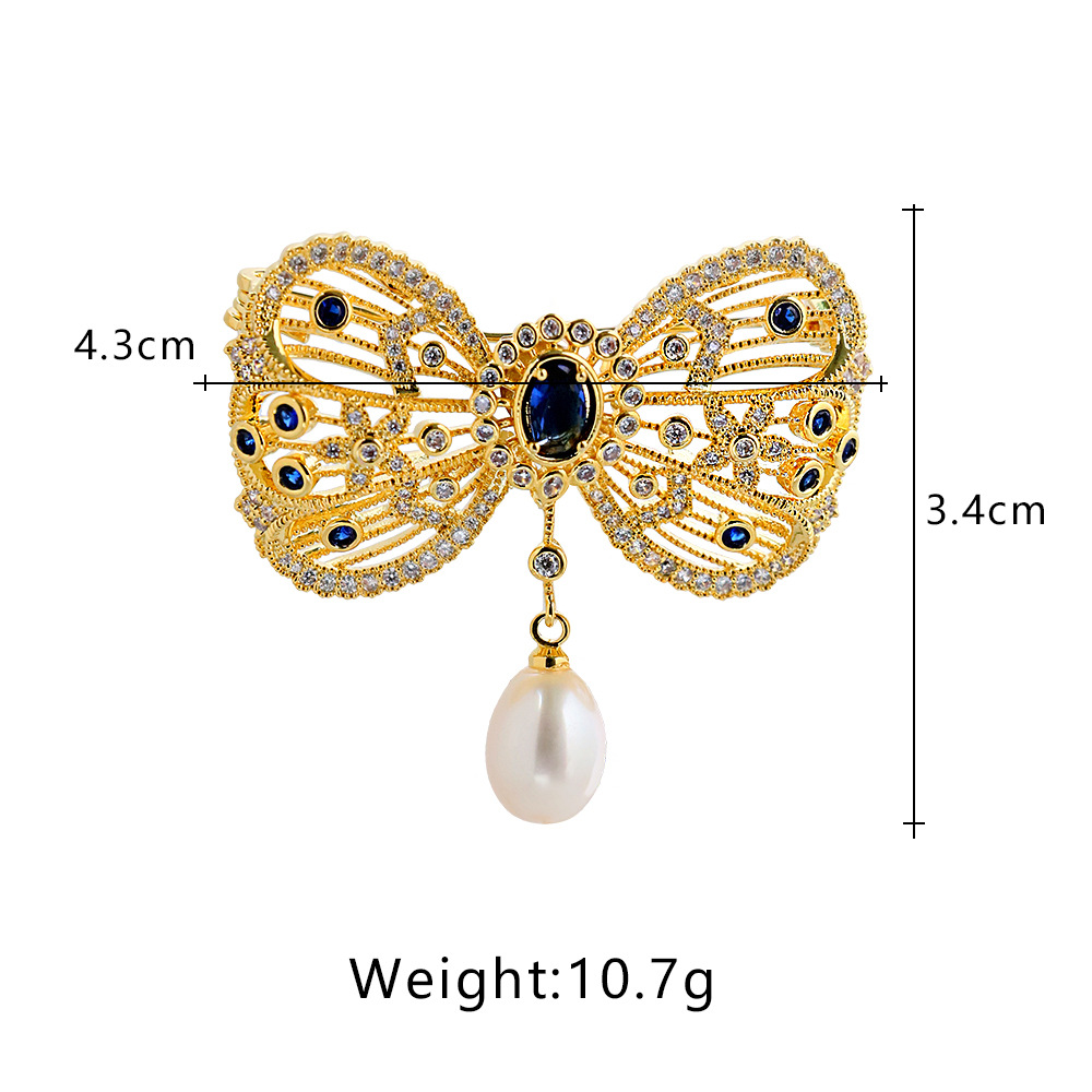 Retro corte dorado broche de mariposa cristal azul zircon elegante flores pectoral de perlas naturales de alta calidad joyas regalo
