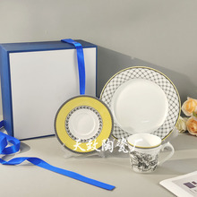 跨境欧式复古插画唯家庄园西餐甜品盘咖啡杯碟3件套咖啡厅套装组