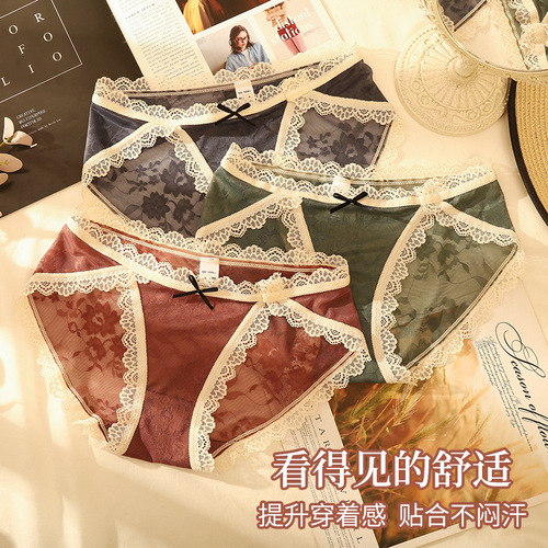 [Individual wear] Sexy and interesting lace hollow mesh panties women's mid-waist pure cotton bottom crotch girls' briefs