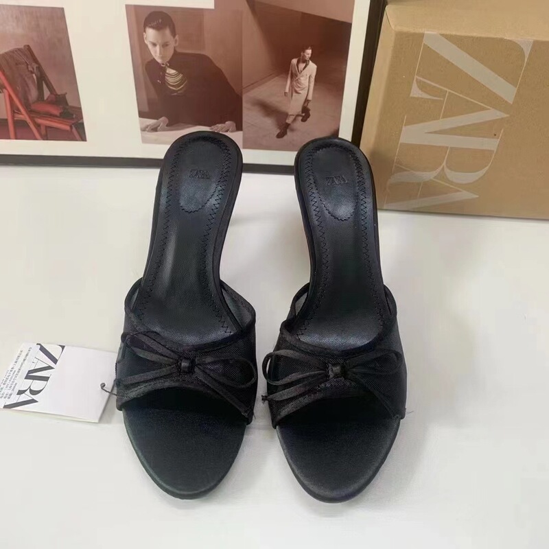 ZA Summer New 2024 French Pointed High-heeled Shoes with Bow Peep Toe Back Empty Dew with Half Drag Cool