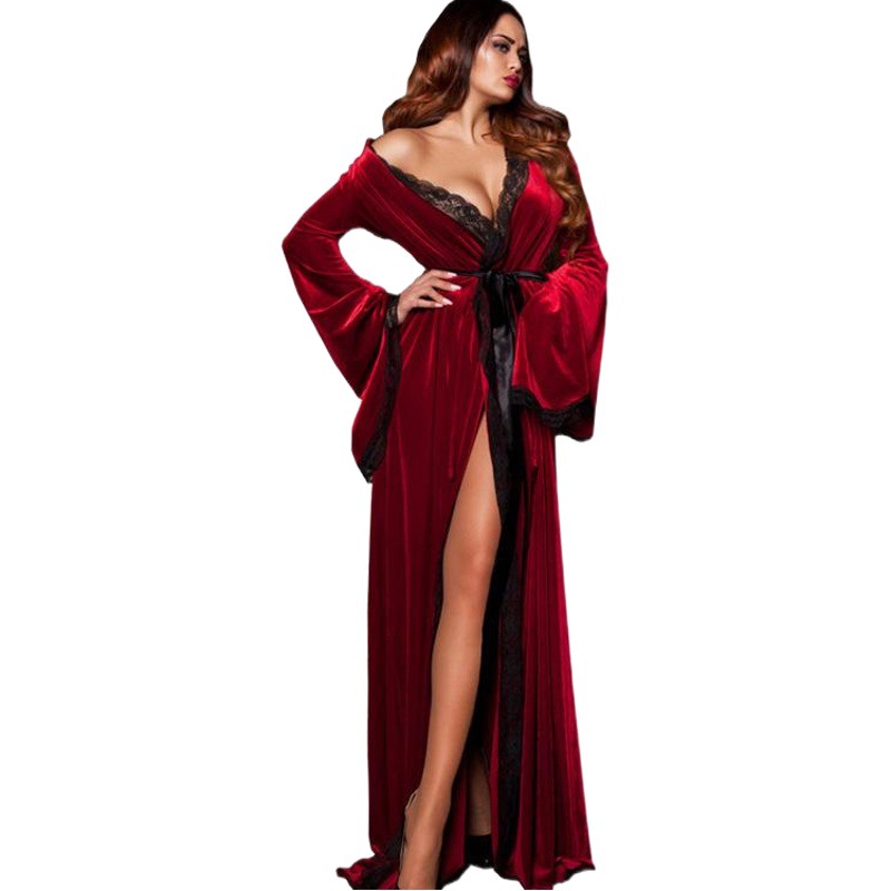 Amazon largo pijama sexy de terciopelo dorado para mujer otoño e invierno camisón grueso para el hogar bata exterior camisón de talla grande al por mayor