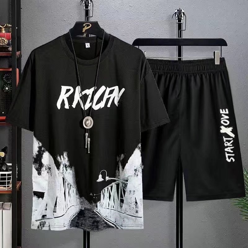 Camisa de manga corta pantalones cortos traje de estilo coreano más tamaño moda de tinta de moda pintura estilo nacional personalizado Comercio exterior Suministro Superior