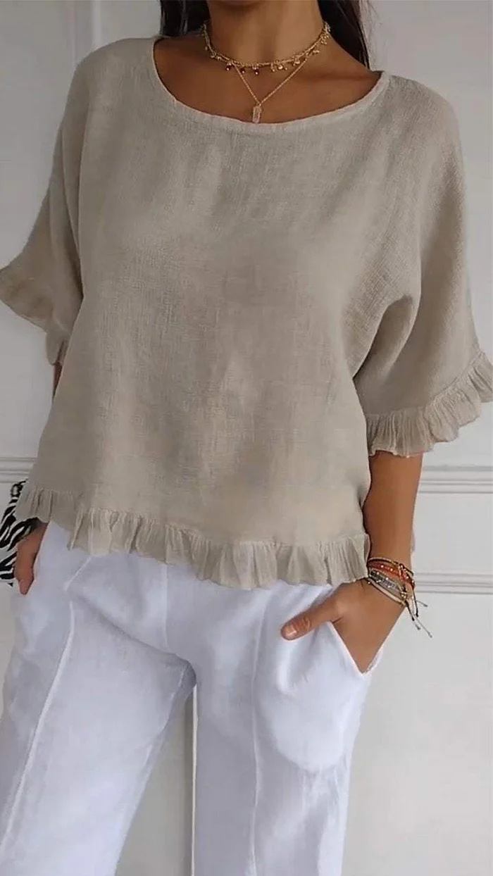 Women's Ruffled T-shirt Casual Solid Colour Short Sleeve Top_voghion.com