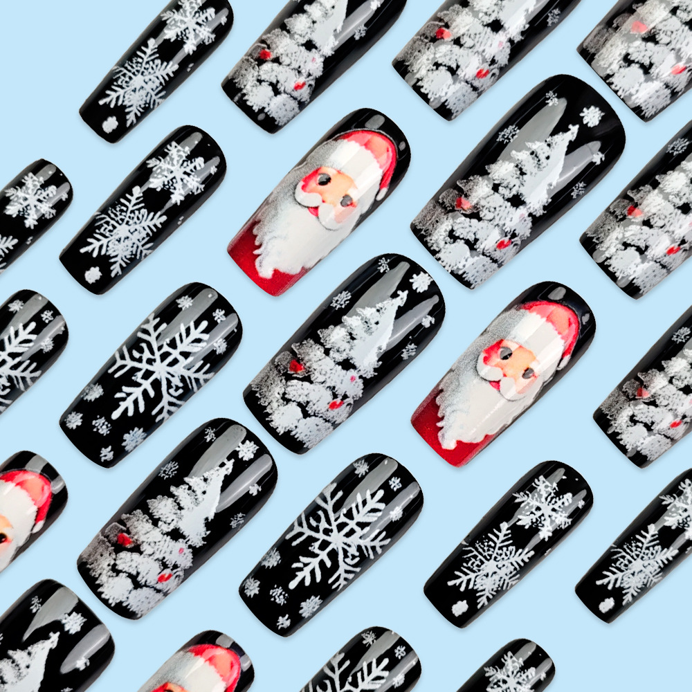 Ventas transfronterizas calientes de tubería de agua media y larga piezas de uñas de nieve en relieve Navidad 24 piezas de uñas de vacaciones