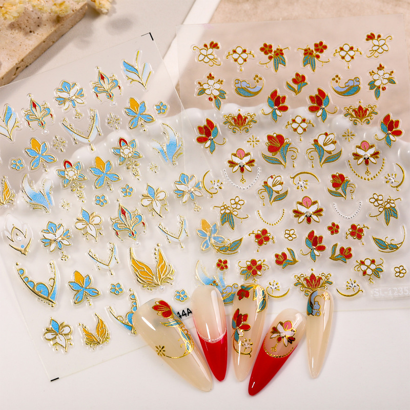 国风花团锦簇美甲贴纸5D浮雕立体新中式花朵diy指甲贴纸饰品 SL款|undefined