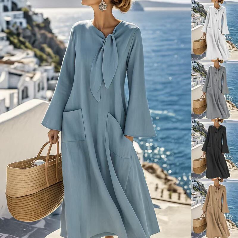 European and American Cross-Border Autumn New Women's Casual Loose Fashion Solid Color Cotton and Linen Round Neck Long Sleeve Pocket Dress