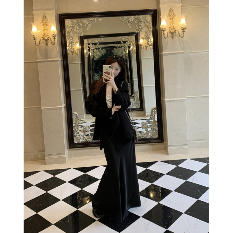 重磅大女主wan美廓行针织衫气质翻领收腰外套+高腰半身裙时尚套装|undefined