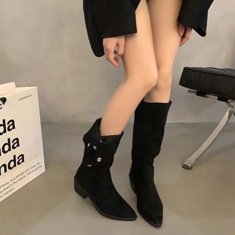 堆堆靴复古小众小个子长筒靴法式女靴子夏秋棕色西部牛仔靴骑士靴|undefined