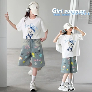 女童夏季套装2026新款洋气短袖T恤时髦中大童牛仔中裤夏装两件套
