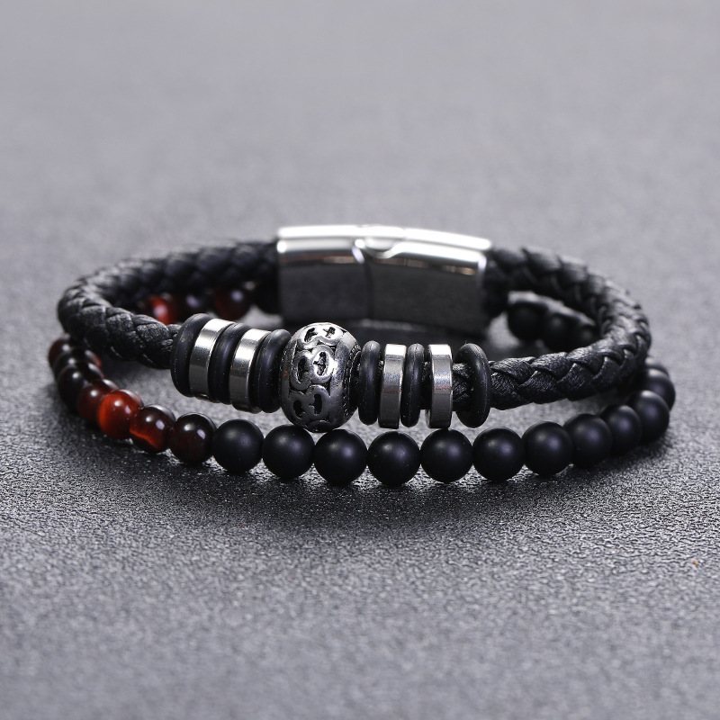 Men's agate leather magnetic bracelet stainless steel