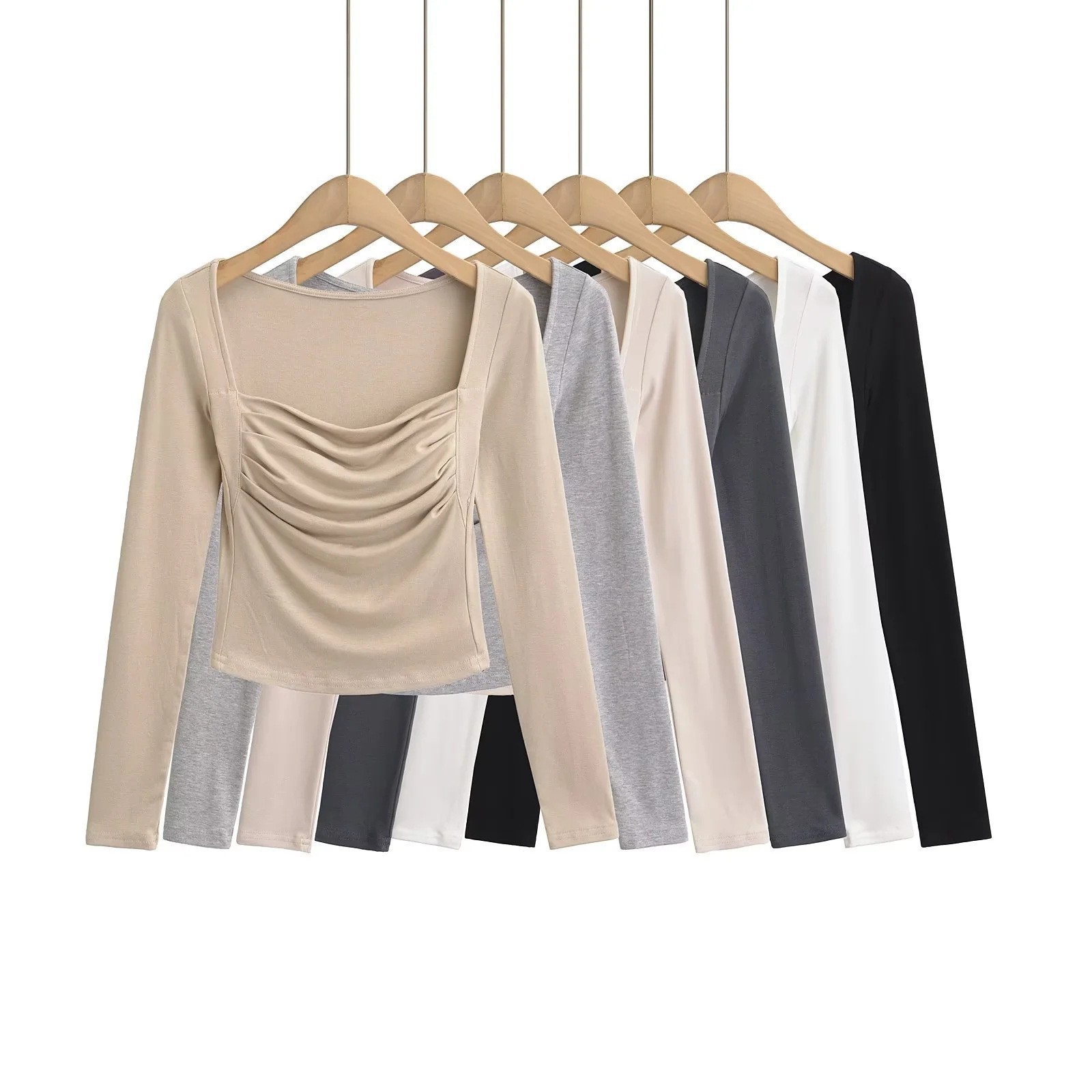 美式辣妹风含胸垫方领褶皱长袖T恤女秋冬季性感修身内搭显瘦上衣