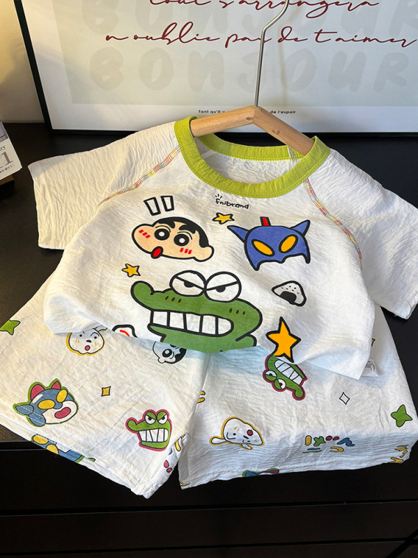 子供の夏のホーム服セット男の子カラーブロッククラウドコットンパジャマ女の赤ちゃん半袖ショーツ薄い空調服|undefined