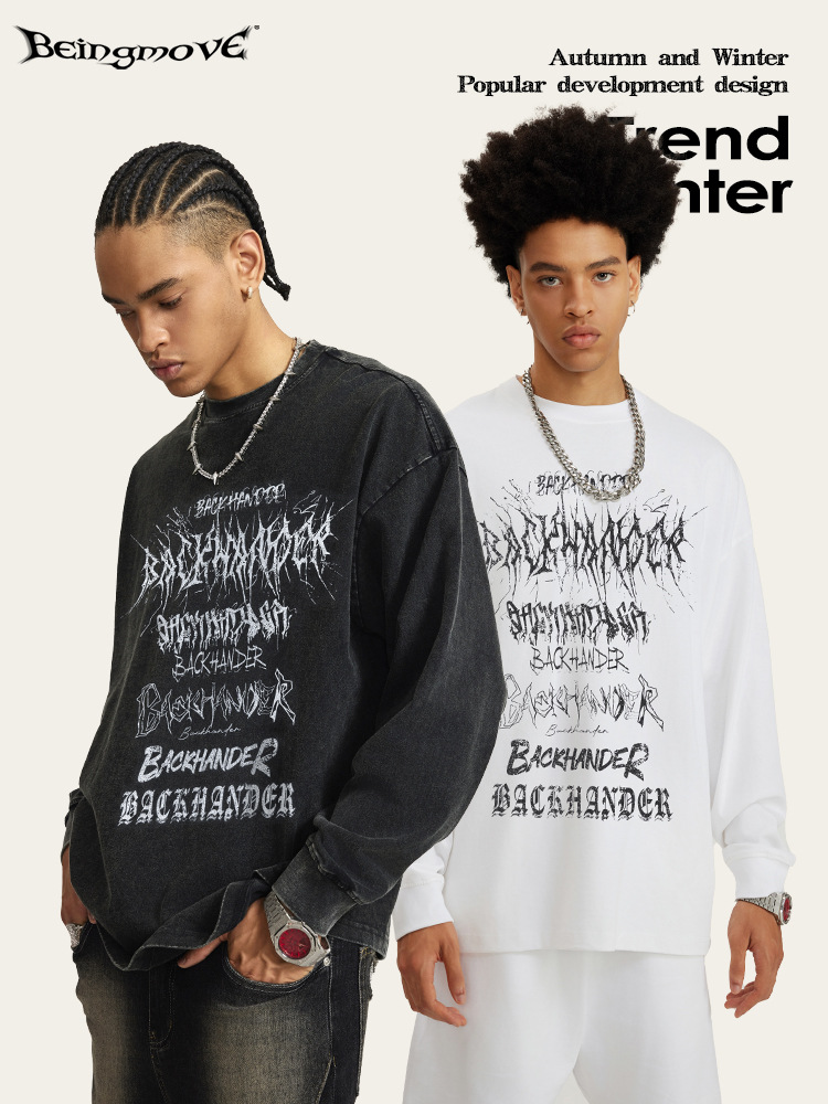 2025 otoño marcas de moda europeas y estadounidenses nicho de calle comprador tiendas sueltas vibe lavado con agua de alta calidad camiseta de manga larga moda masculina