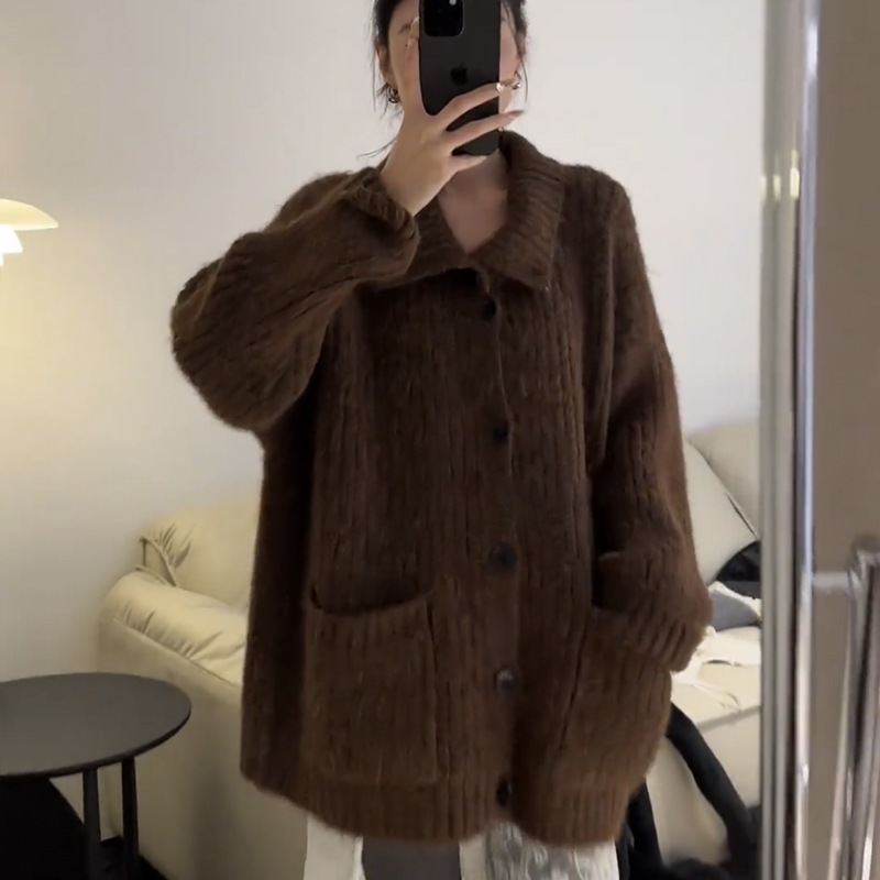 欧美大码胖MM软糯宽松慵懒女士毛衣外套秋冬跨境翻领纯色针织开衫|undefined