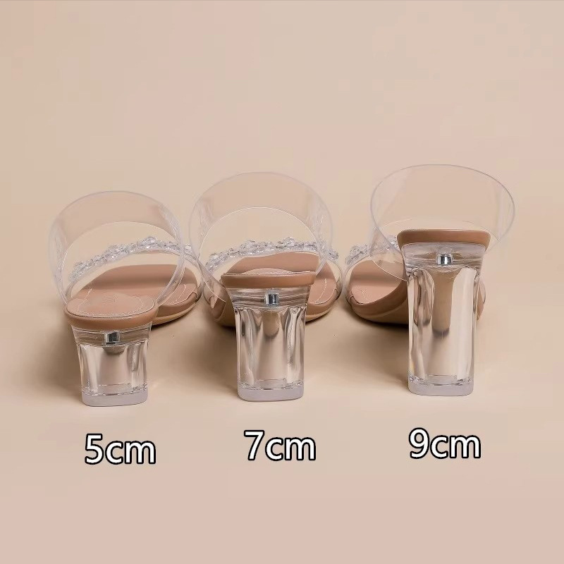 女性用透明サンダル 2025 新しい夏ミッドヒールクリスタル太いヒールワンストラップハイヒール女性用サンダル|undefined