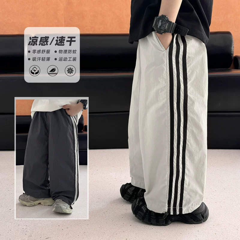 2025 весенне-летние новые универсальные детские повседневные брюки на шнурке для мальчиков, корейская версия, тонкие детские брюки-карго с защитой от комаров