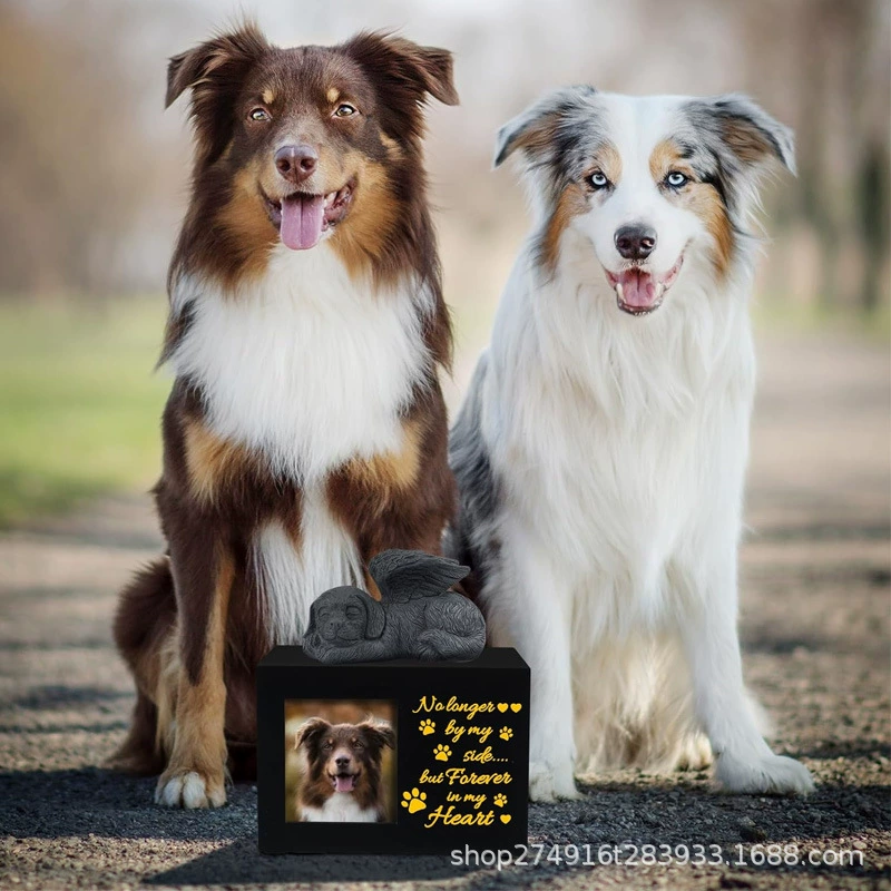 Pet urn cross-border text patterns can be made into urn solid wood processing with photo frame + angel dog funeral