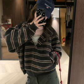 美式复古条纹连帽卫衣拉链毛衣外套女秋季设计感小众针织开衫上衣