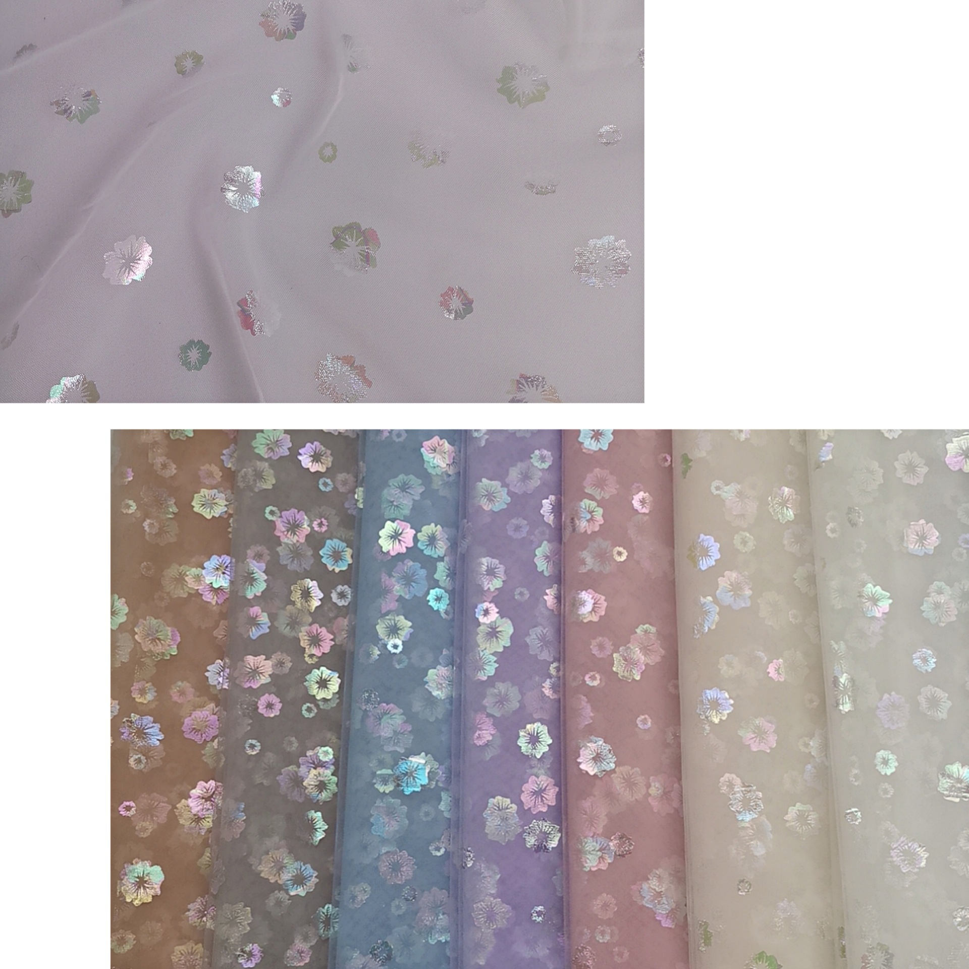 现货供应~仙美款特美网纱花朵幻彩烫膜 柔软垂滑 有质感网纱面料