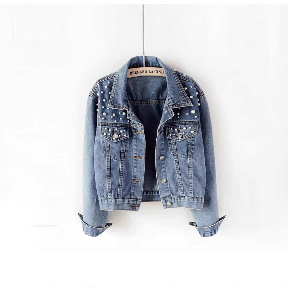 Cross-Border 2026 Amazon Women's Short Denim Jacket with Beaded Pearls, Loose Fit, New Spring and Autumn Denim