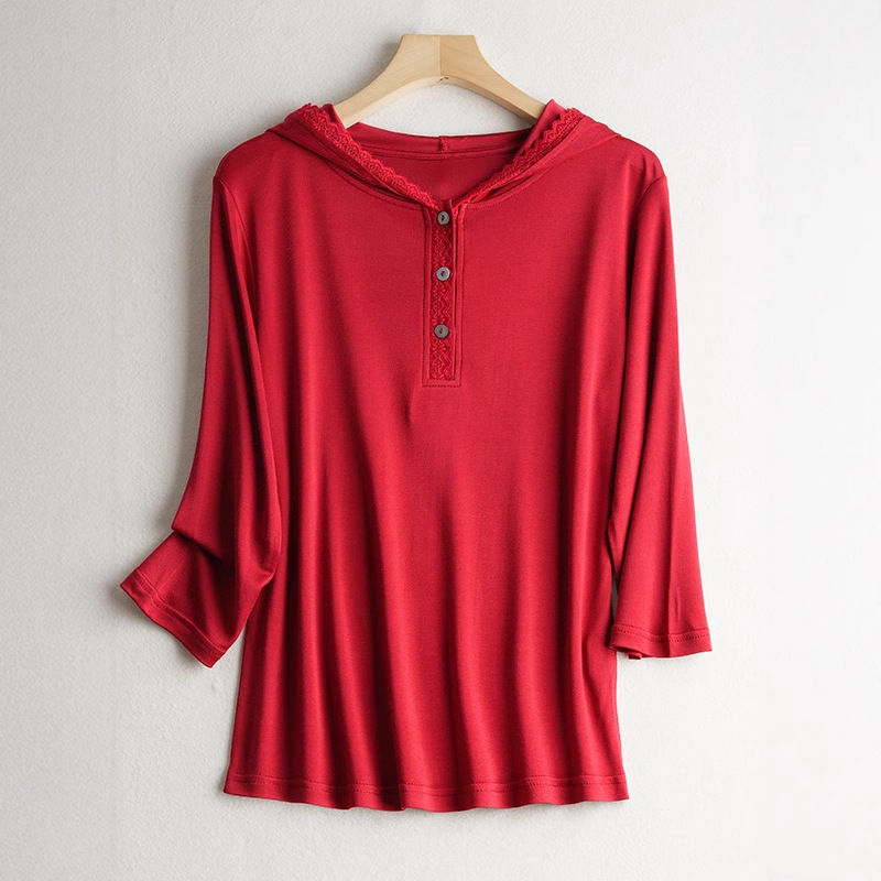 Spring Mulberry Silk Hooded Top for Middle-Aged Women, Elegant Lace Three-Quarter Sleeve Sweatshirt, Women's Satin Silk Knitwear