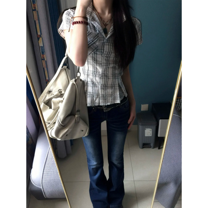 韩版古早感灰色格纹短袖衬衫女夏美式复古学院风修身Y2K轻亚上衣|undefined