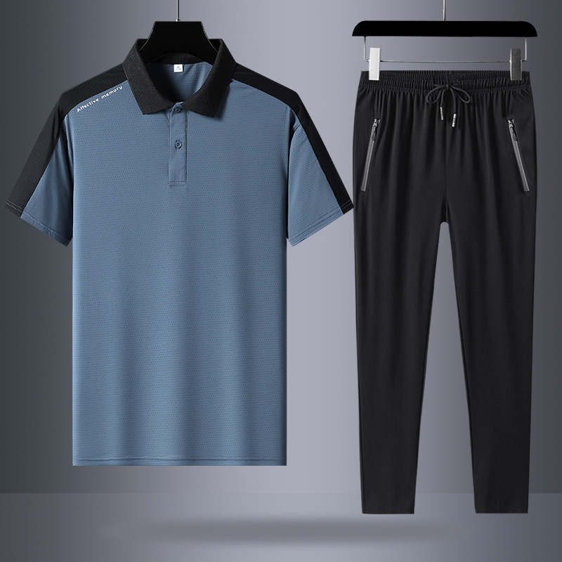 Traje deportivo para hombres de verano de mediana edad casuales de hielo de manga corta polo camiseta pantalones largos grandes secado rápido dos piezas