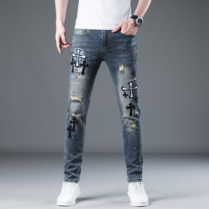 Personalized embroidered jeans, men's trend with torn patches, fashionable and versatile elastic slim pants, summer 2024_voghion.com