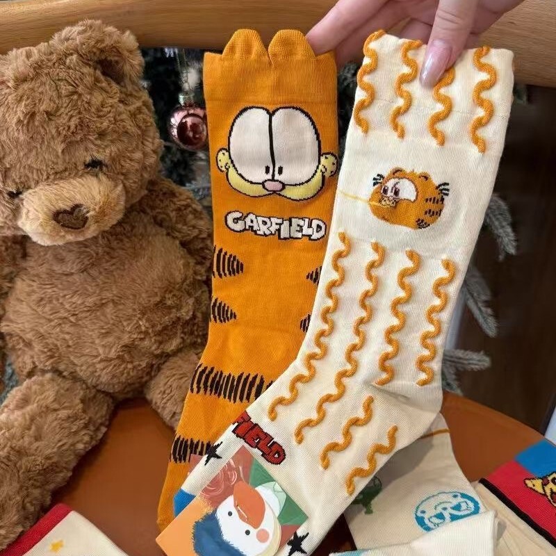 Autumn and Winter Cartoon Garfield Japanese Style Cute Socks Girls Stockings Creative Funny Design Pile Socks Mid-Tube Socks