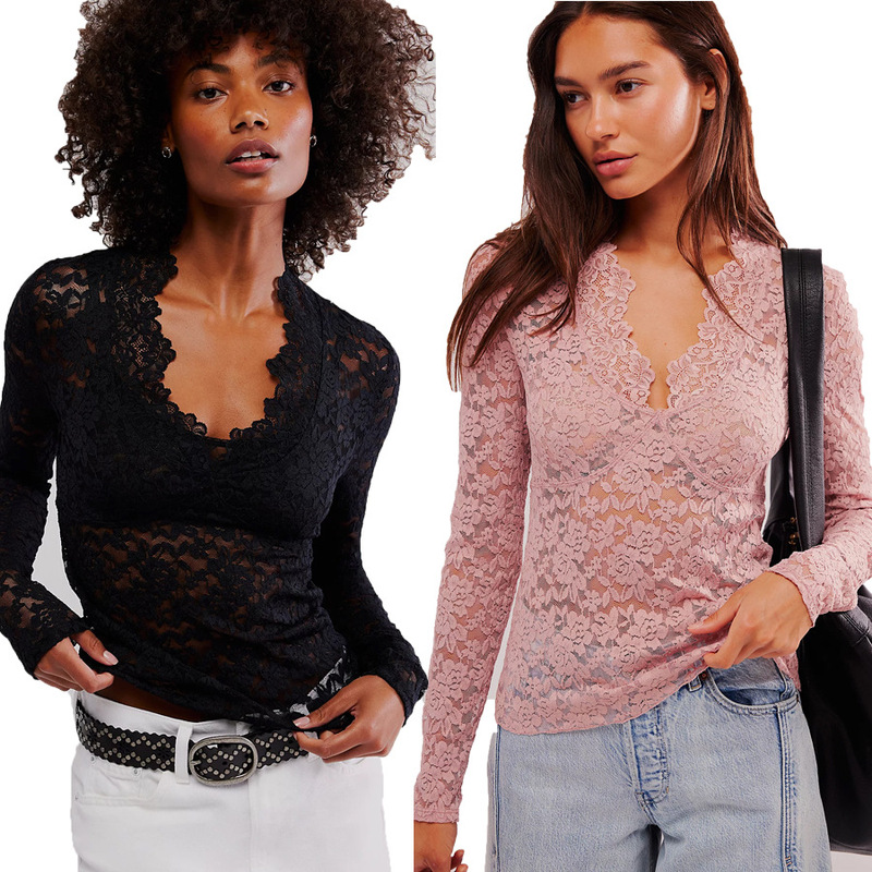 New Amazon European and American Hollow Lace Long Sleeve Top Base Shirt V-Neck Sexy Lace Hot Girl Women's Clothing
