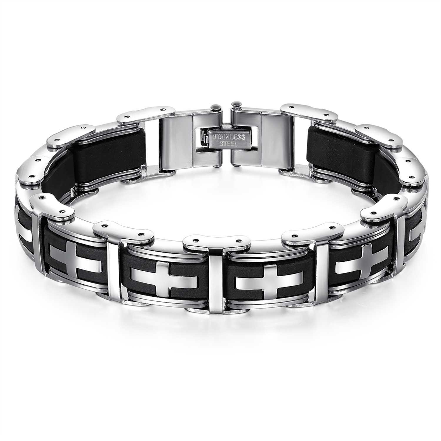 European and American Personality Hot Selling Creative Jewelry Men's Bracelet Classic Cross Stainless Steel Silicone Bracelet Holiday Gift