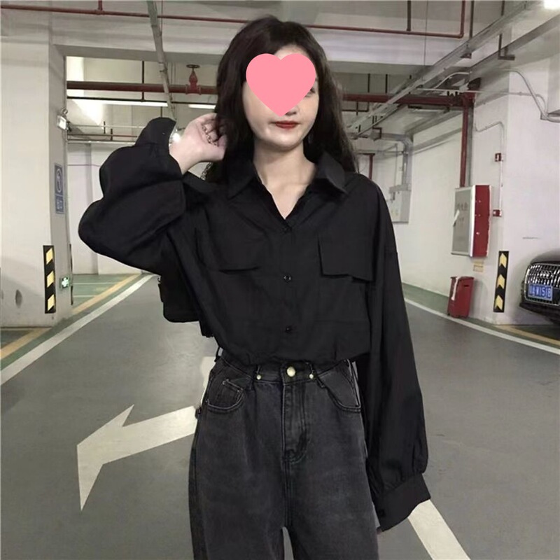 New Korean Style Black Long-Sleeved Shirt for Women, Niche Design, Loose Solid Color Shirt, Versatile Top for Outer Wear