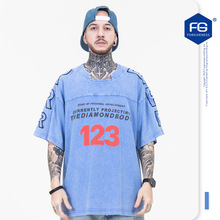 FG男裝|2022春夏新品潮牌立體字母R藍色洗水復古拼接短袖T恤男女