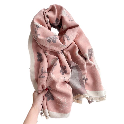 Pink girl small flower imitation cashmere scarf for women thickened warm scarf shawl outer decorative scarf wholesale delivery