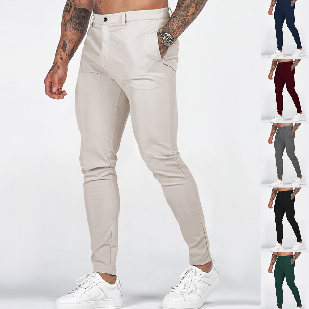 欧美跨境独立站男士纯色紧身插口袋拉链商务休闲修身小裤脚长裤