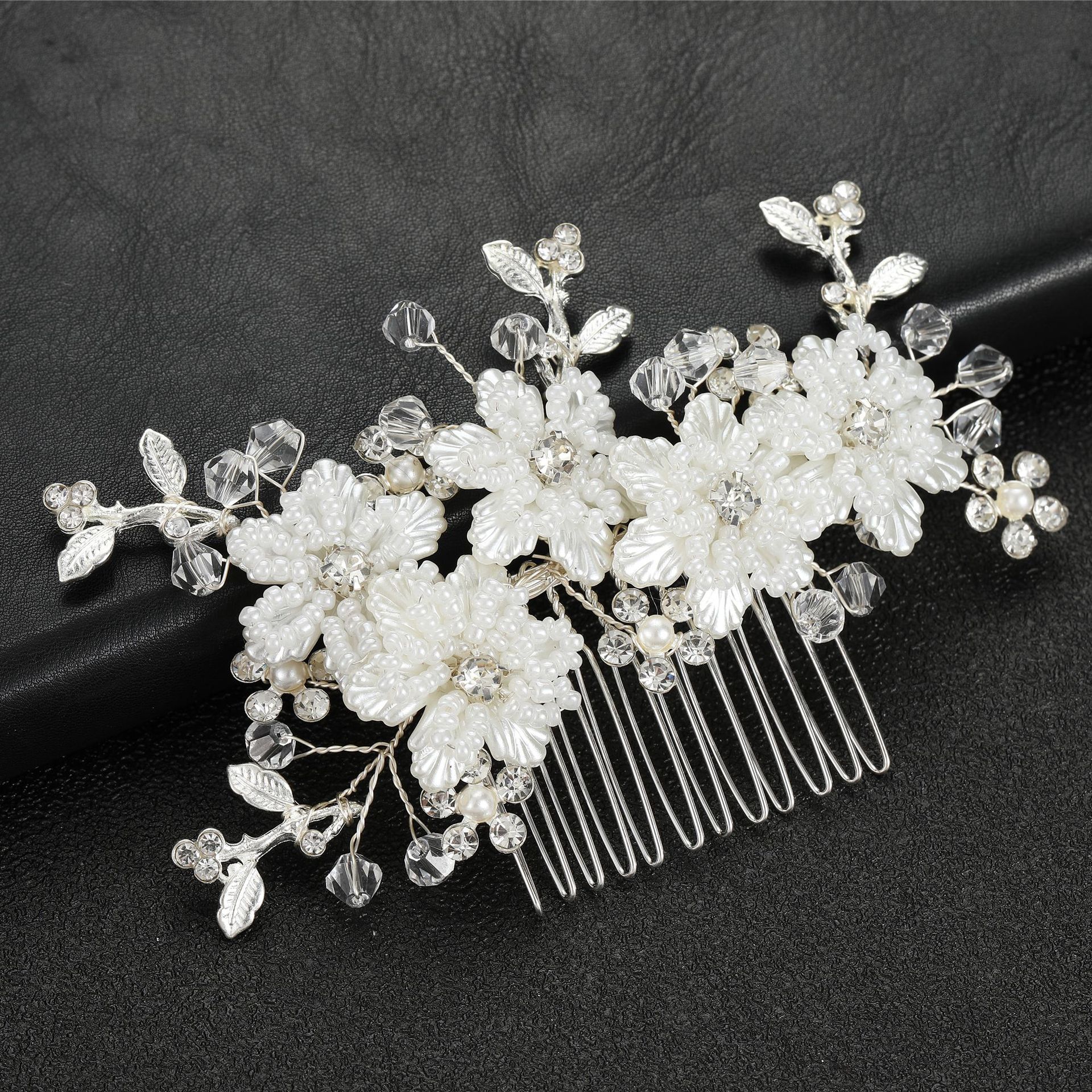 Bridal wedding hair accessories white flowers beaded hair comb