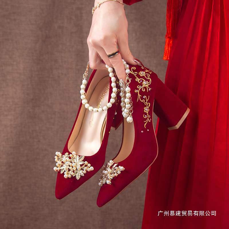 婚鞋女2025年春秋新款粗跟不累脚高跟鞋结婚孕妇红色新娘鞋秀禾鞋|undefined
