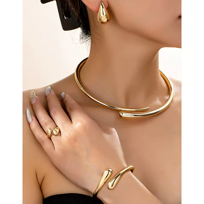 欧美跨境潮流新款水滴设计项圈手镯耳钉戒指套装复古简约优雅首饰