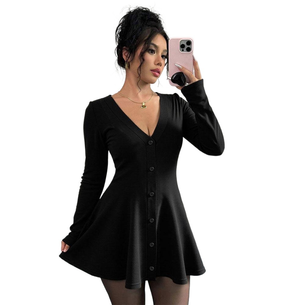 Women's Knit V-Neck Long-Sleeve Solid Color Dress