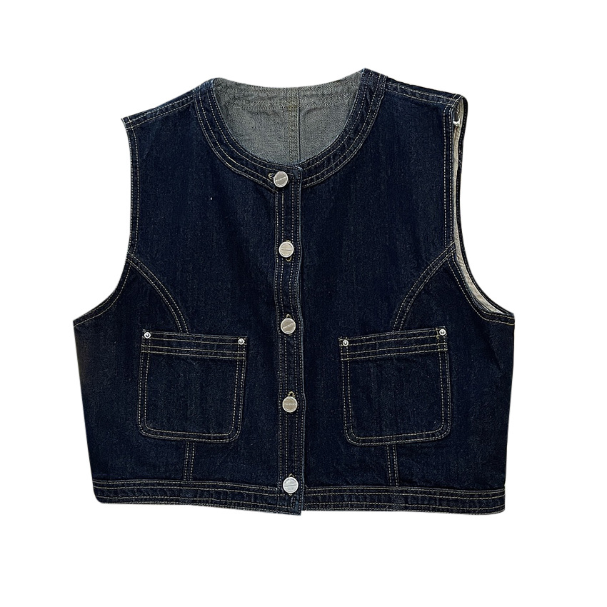 Lufu otoño nueva moda artística retro original vaca estilo sin cuello Denim chaleco cintura alta corto sin mangas chaleco para las mujeres image 6