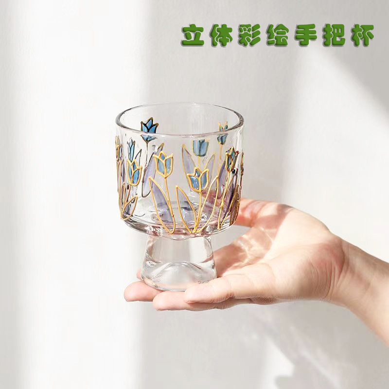 水晶玻璃手把杯 立体彩绘红白洋酒饮料杯子 创意雪山郁金香咖啡杯