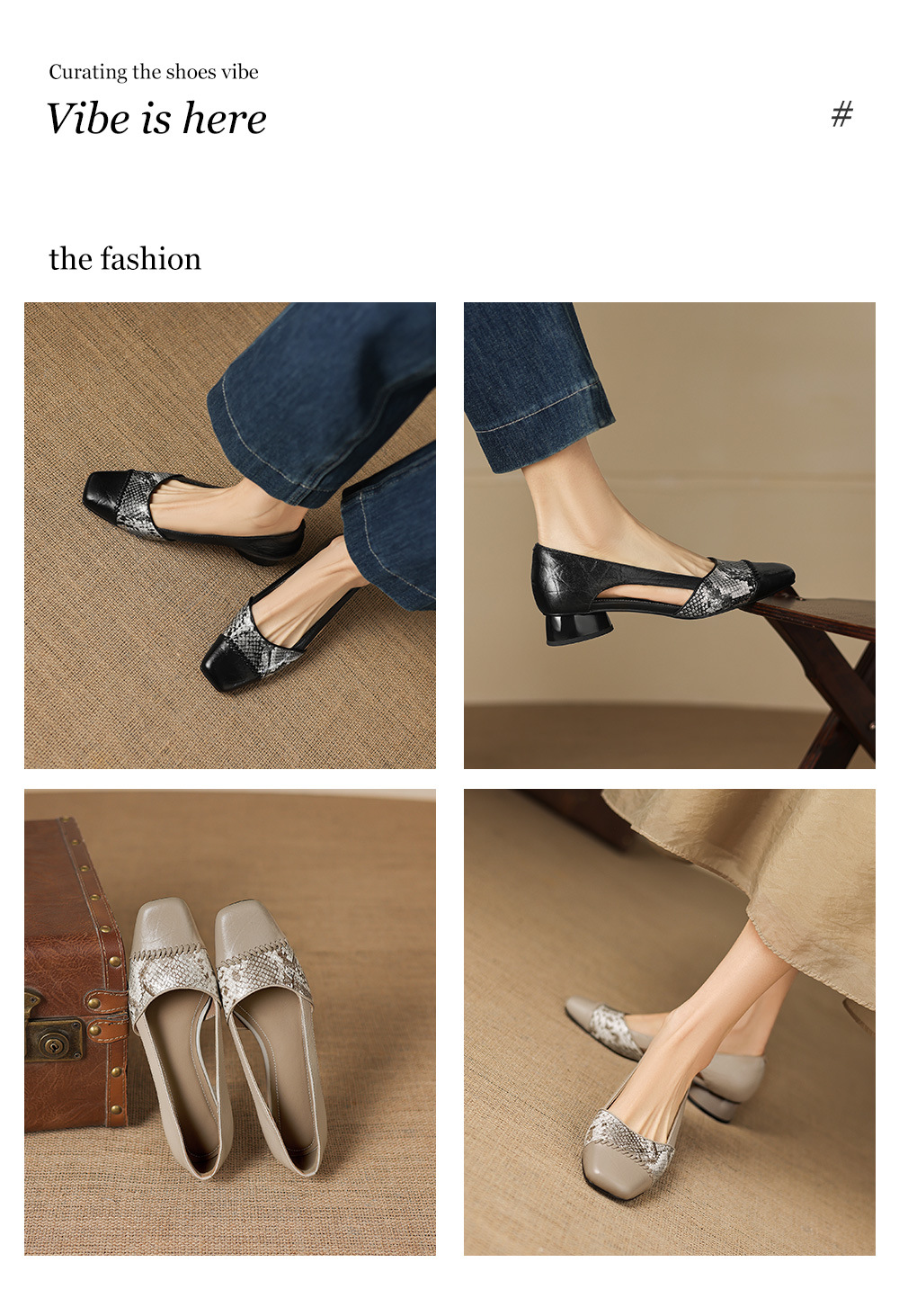 Sandal nữ mũi vuông gót thấp 3 cm da cừu phối màu họa tiết rỗng — đen chi tiết 1