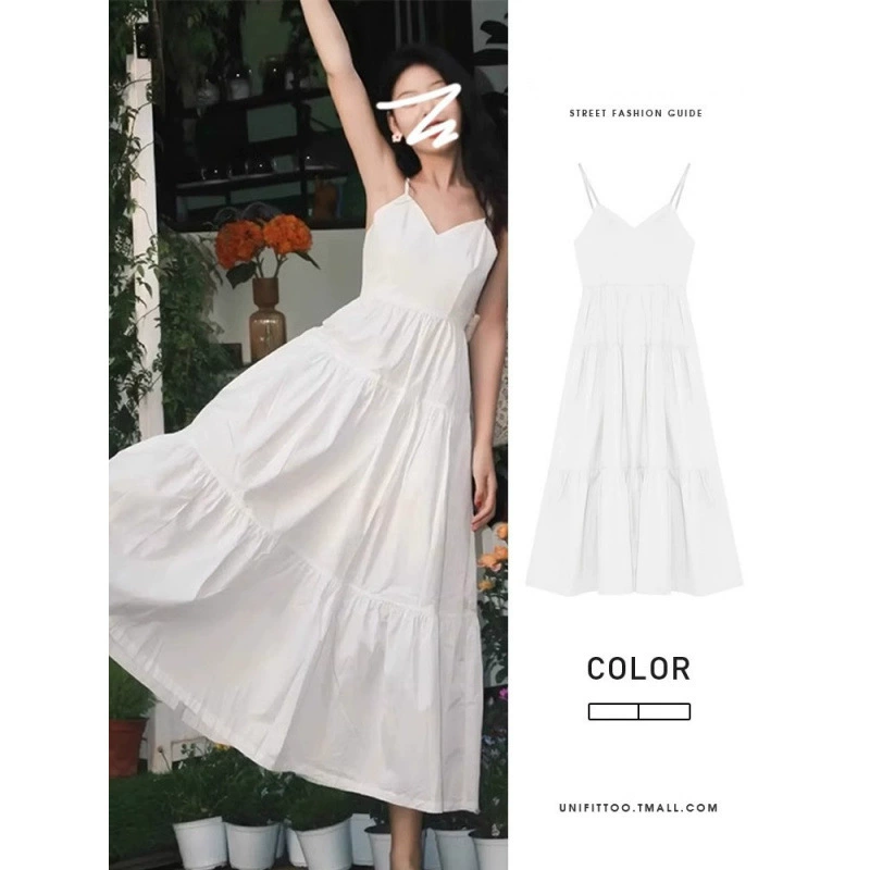 Новое летнее платье 2025 года в французском стиле, белое, с V-образным вырезом, на бретелях, с элегантной талией и короткой юбкой.